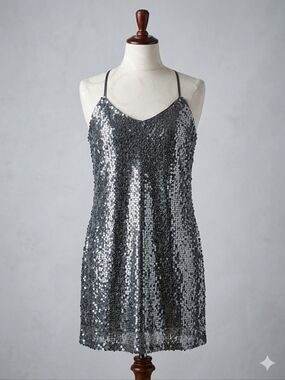 Express Silver Sequin Slip Dress - Spaghetti Strap Party Dress, Size Small